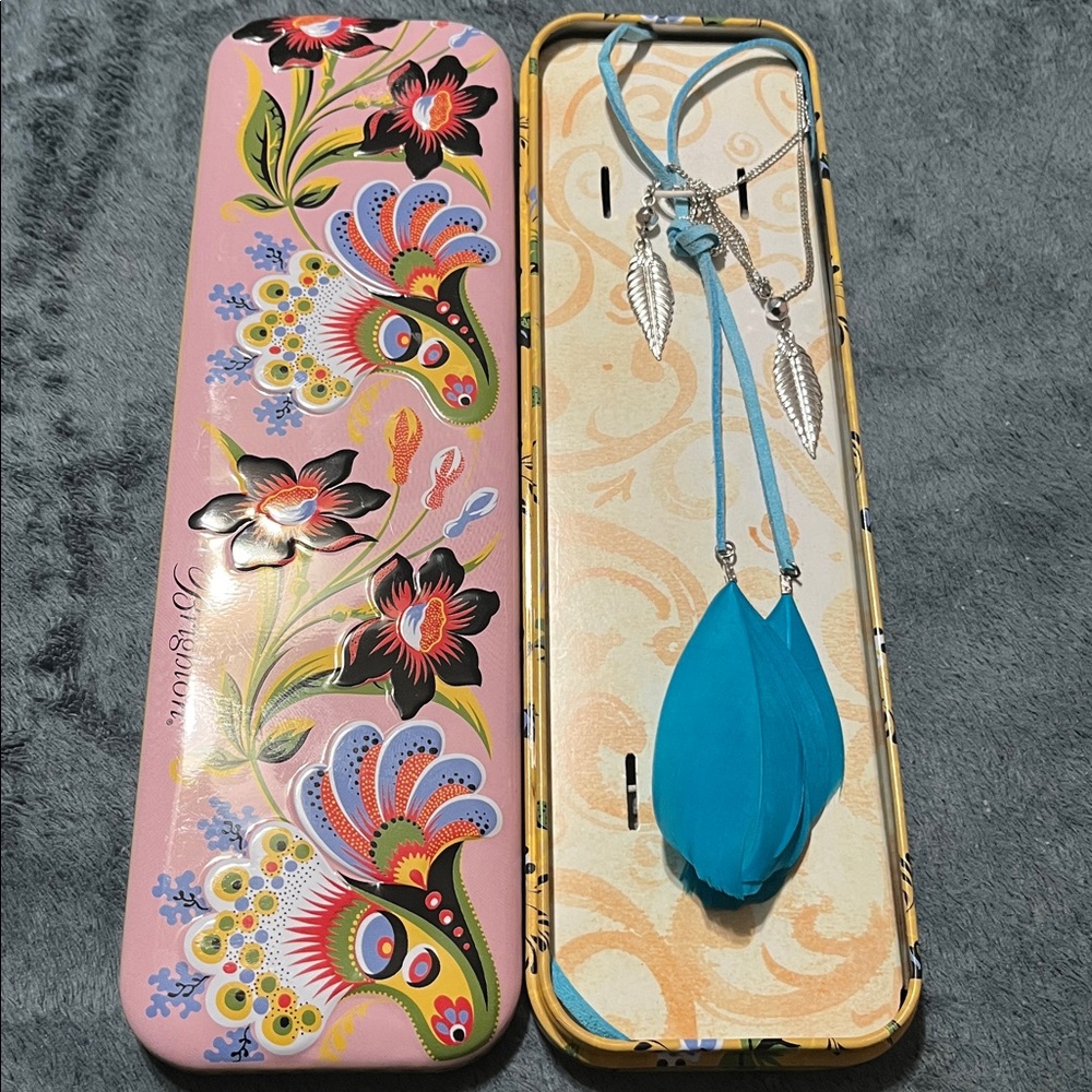 Brighton Jewelry Metal Tin Trinket Gift Box Pink Floral Necklace blue